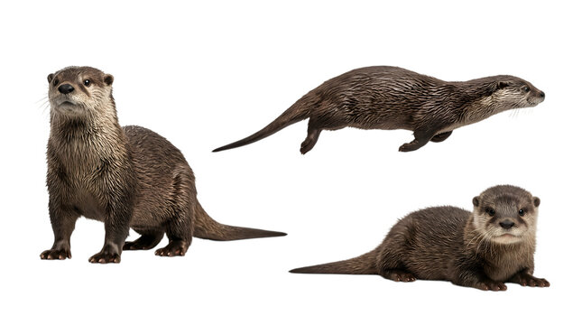 Three cute river otters in different poses isolated on transparent background