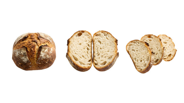 Freshly baked sourdough bread loaf and slices isolated on transparent background