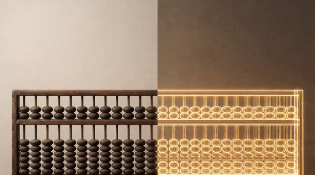 Abacus split frame featuring dusty intricate wooden calculating device and glowing digital overlay