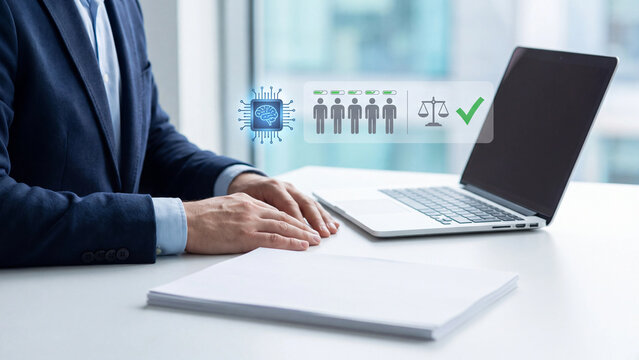 AI Recruitment and Fair Candidate Ranking Concept, Businessman at Laptop with Chip Hologram, Applicant Rating Bar and Checkmark for Unbiased Hiring, Talent Screening and HR Selection