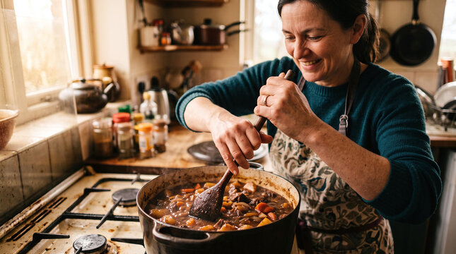 Happy woman stirring a simmering festive bigos stew for Christmas Eve dinner