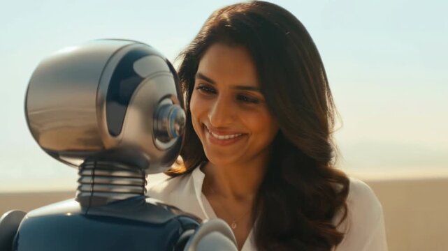 Smiling woman looks toward a humanoid robot as close framing gradually reveals more of its rounded metallic head and upper body in bright outdoor light during human robot interaction