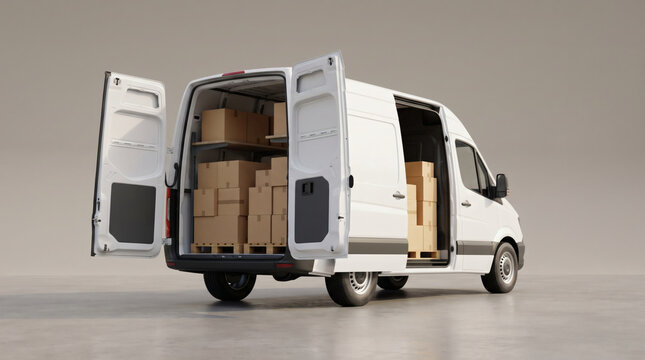 White delivery van with open doors full of cardboard boxes