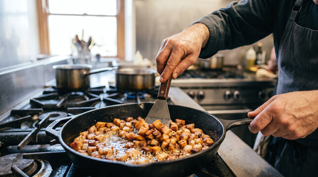 Chef frying crispy diced guanciale in a cast iron skillet in restaurant kitchen