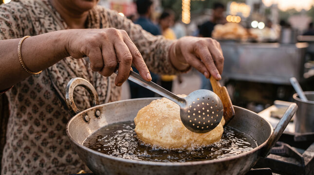 Vendor deep frying golden puffed bhatura bread in hot oil at a street market