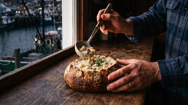 Man ladling fresh creamy clam chowder into a crusty bread bowl by harbor window