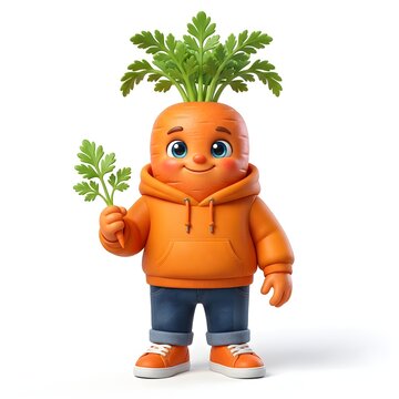 Friendly cartoon carrot character holding fresh parsley in cheerful pose
