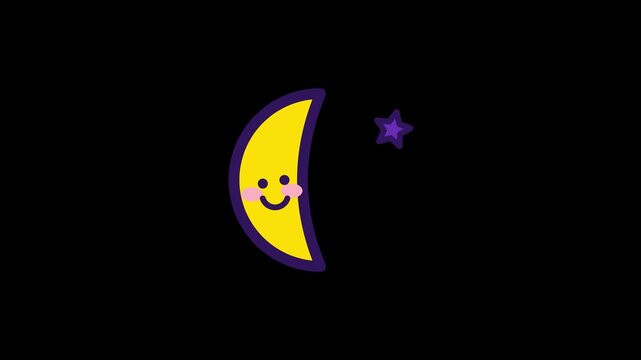 Cute Smiling Yellow Crescent Moon and Small Purple Star Vector Graphic Illustration on a Solid Black Background