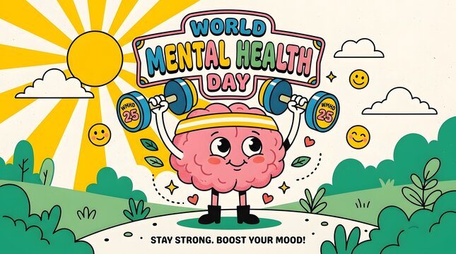 Cartoon brain lifting weights celebrating world mental health day with cheerful sun and greenery
