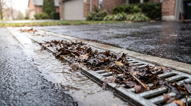 Autumn leaves clogging a residential trench drain with pooling rainwater