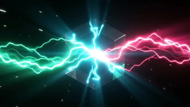 Obsidian cube with electric lightning strikes in space