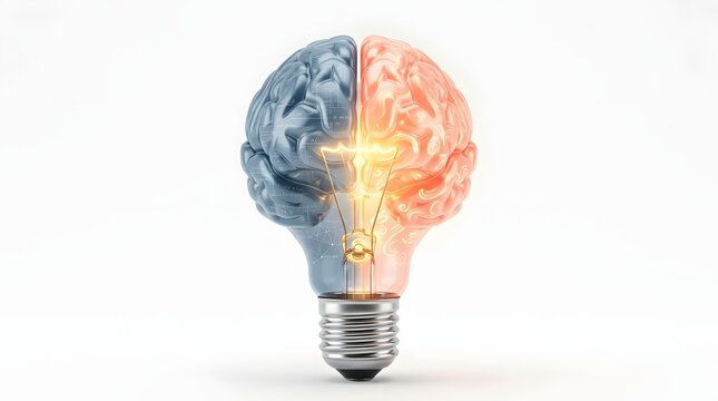Light bulb shaped like a human brain with glowing filament inside