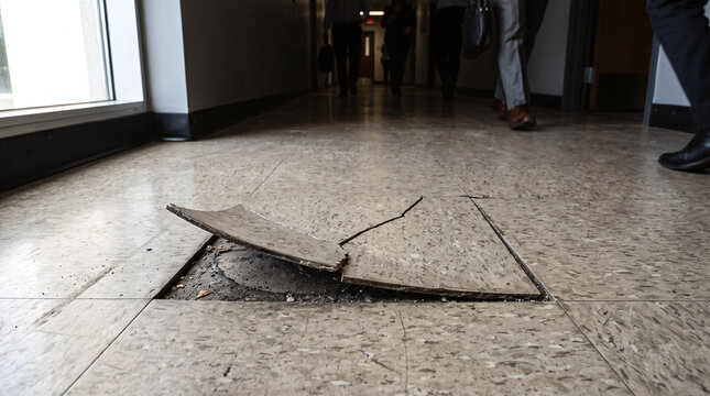 Cracked and lifted floor tile causing a trip hazard in a busy office hallway