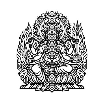 Intricate black and white line art illustration of a fierce multi armed hindu deity sitting in meditation on a lotus throne with lions and flames