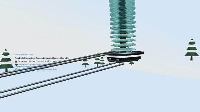 3D animation of a high-voltage transmission tower under extreme winter ice load, illustrating structural engineering concepts like ice accretion, catenary sag, and grid resilience