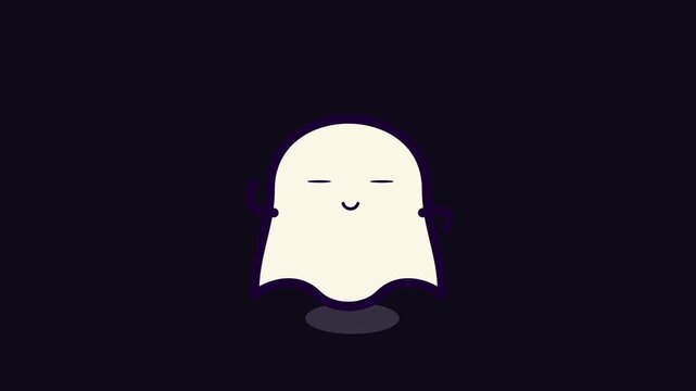 Cute friendly cartoon ghost with a smiling face hovering against a dark minimalist background