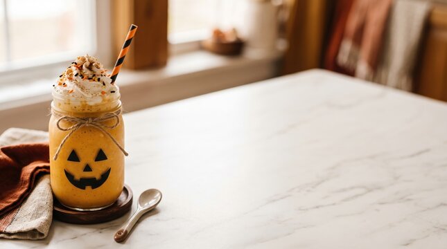 Pumpkin smoothie in a glass jar decorated like a jack o lantern. Festive beverage sitting on a marble table with soft natural window lighting.