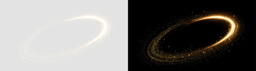 Golden light ring with sparkling glitter particles isolated on transparent and black background. Glowing magic swirl trail overlay effect © Маша ОМЕЛЬЧЕНКО