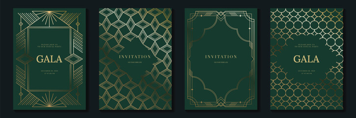 Plakat Luxury art deco vector invitation card set in emerald green and gold with geometric frames, elegant gala designs and ornamental patterns