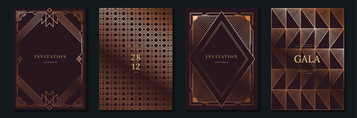 Obraz premium Luxury art deco vector invitation card set with burgundy and rose gold geometric borders, elegant gala templates and vintage ornamental patterns