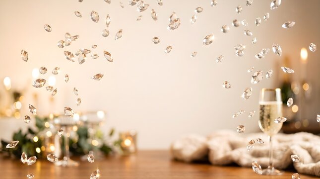 Sparkling diamonds falling over champagne glass, luxury celebration background with bokeh lights, elegant festive dinner setting with crystal gems