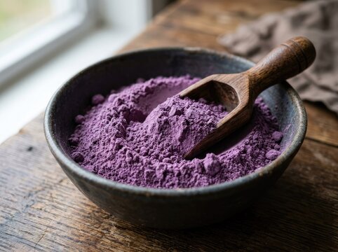 Ube powder in a rustic ceramic bowl with a wooden scoop, creating a vibrant purple ingredient concept for ube matcha latte, beverage, cafe, and wellness themes.