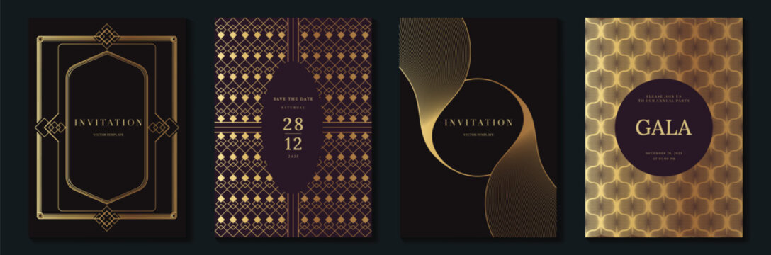 Luxury art deco vector invitation card set with black, burgundy and gold frames, elegant gala templates and glamorous geometric patterns