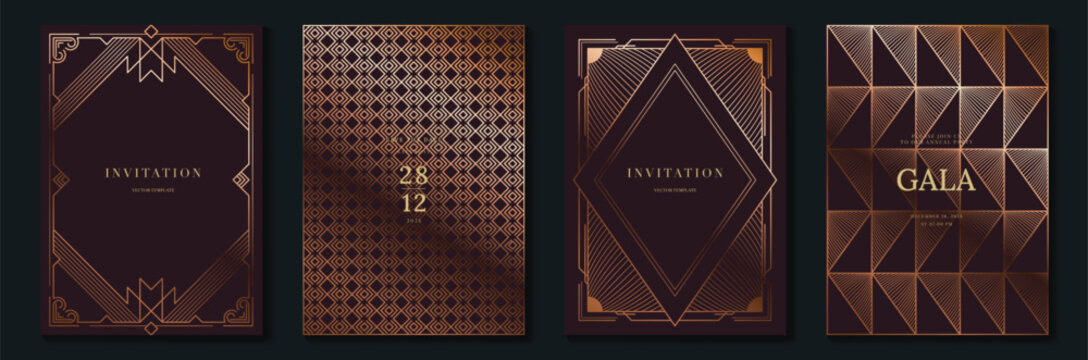 Luxury art deco vector invitation card set with burgundy and rose gold geometric borders, elegant gala templates and vintage ornamental patterns