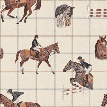 Hand Painted Watercolor Equestrian Seamless Pattern with Horse Riders on Plaid Background