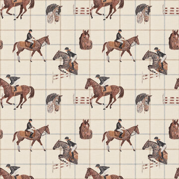 Hand Painted Watercolor Equestrian Seamless Pattern with Horse Riders on Plaid Background
