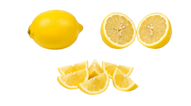 Fresh whole and sliced lemons isolated on transparent background