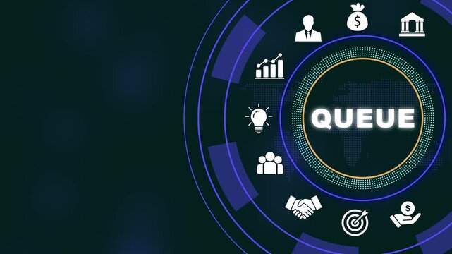 Digital queue management system interface featuring animated business and global network connectivity for corporate workflow optimization, task prioritization, and efficient data processing solutions