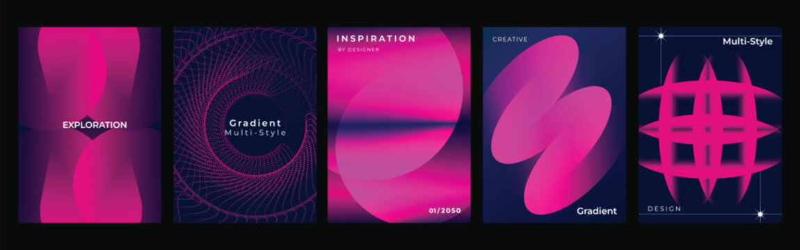 Abstract vector gradient poster collection with vivid pink and magenta geometric shapes, flowing wave lines and modern creative cover layouts
