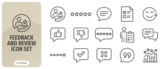 Obraz premium Feedback and review icon set, thin line style, customer satisfaction, rating, survey, comment, and evaluation symbols for business and digital interface design