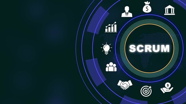 Agile scrum methodology concept with digital interface and business corporate project management strategy animation for software development and team collaboration workflow presentation
