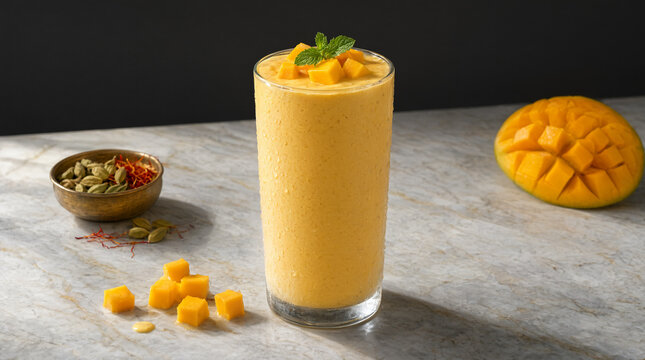 Beautiful mango lassi in a tall glass with mango chunks, Indian drink