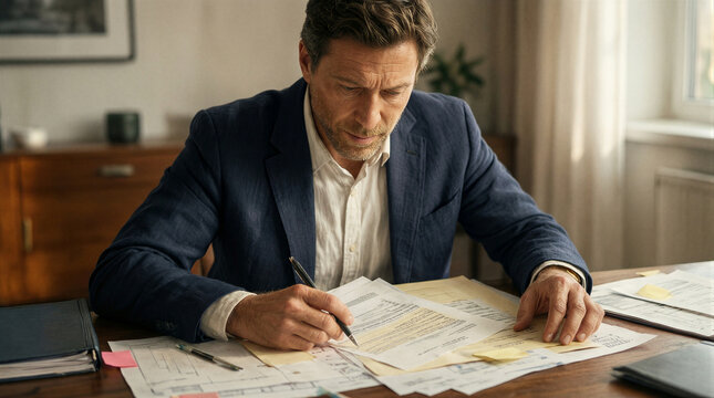 45 year old man in navy linen blazer reviewing complex documents at a desk