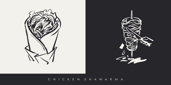 Hand drawn chicken shawarma wrap and meat rotisserie spit with knife sketch illustration