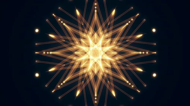 Glowing golden geometric star pattern expands from layered central lattice into sharp radiating points, with luminous nodes and fine amber lines against dark blue background