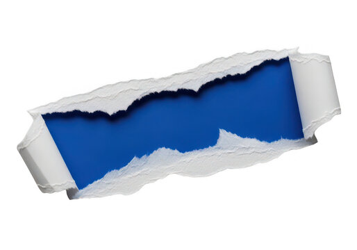 A blue and white sticker with a ripped edge isolated on transparent background