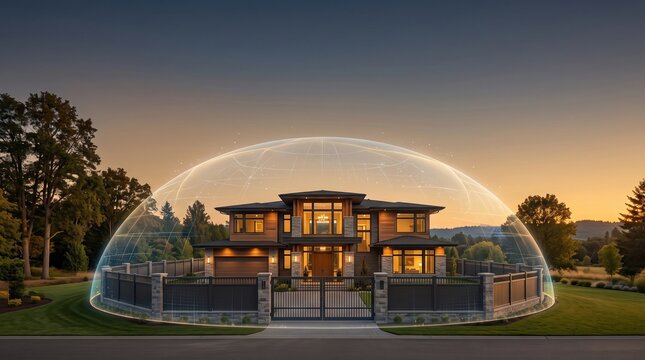 a modern luxury residential house protected by a futuristic glowing digital security shield dome.
