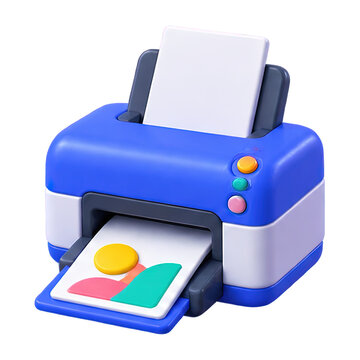 3D render of a blue office printer with a printed document featuring a colorful landscape icon