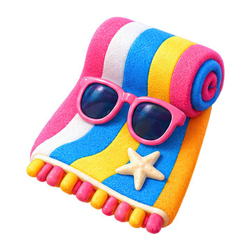 Colorful striped beach towel with pink sunglasses and a starfish isolated on white background