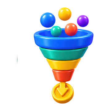 3D render of a colorful marketing funnel icon with floating spheres for business data analysis