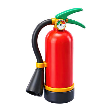 Bright red toy fire extinguisher with a green handle isolated on a clean white background