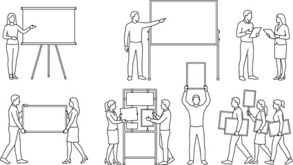 Fototapeta premium Business People Showing Presentation Boards and Holding Blank Signs Vector Outline Set