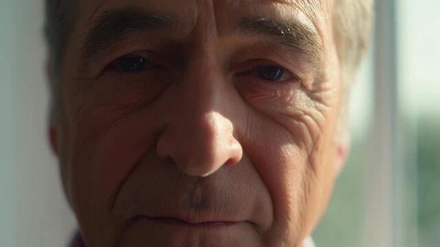 Older man looks directly into camera in tight facial close-up beside bright window, blinking subtly as soft daylight reveals moist eyes, fine skin texture, closed lips, and neutral expression
