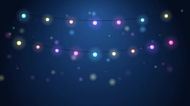 Glowing colorful party string lights hanging on dark blue background with twinkling bokeh loop animation