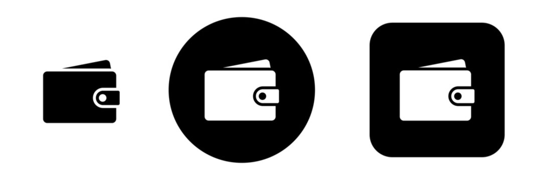 Wallet icon set with digital wallet and payment symbols in solid button style. Finance and saving icons for banking apps, e-commerce and online shopping interfaces