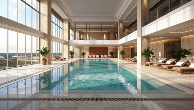 Luxury Indoor Swimming Pool in Modern Hotel Interior | Luxurious indoor swimming pool with elegant architecture, large glass windows, lounge chairs, and tropical plants in a modern hotel interior.